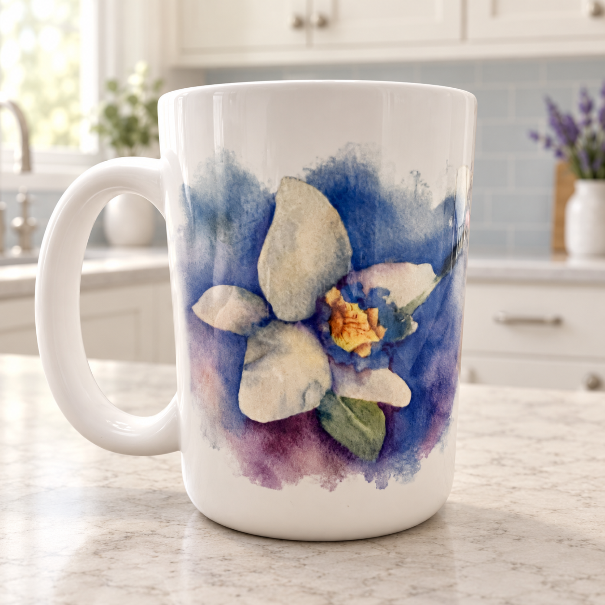 White ceramic mug with white flower watercolor painting on blue and purple background